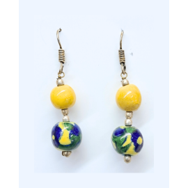 Blue Pottery Earrings with 2 Beads in Yellow