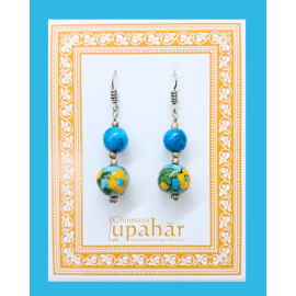 Blue Pottery Earrings with 2 Beads in Turquoise Blue