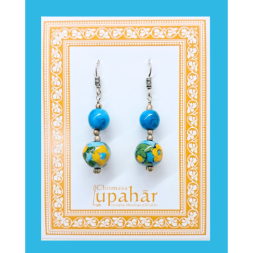 Blue Pottery Earrings with 2 Beads in Turquoise Blue