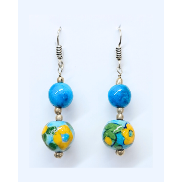 Blue Pottery Earrings with 2 Beads in Turquoise Blue