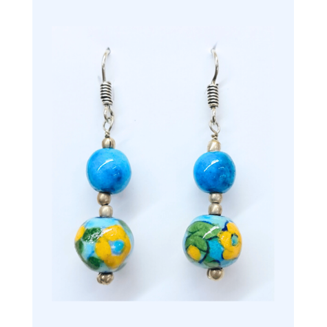 Blue Pottery Earrings with 2 Beads in Turquoise Blue