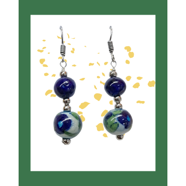 Blue Pottery Earrings with 2 Beads in Blue and Green