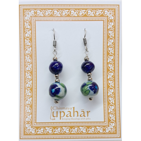 Blue Pottery Earrings with 2 Beads in Blue and Green