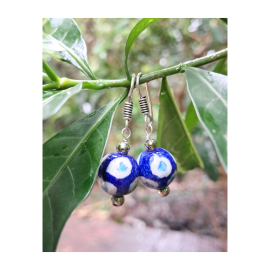 Blue Pottery Earrings with 1 Bead in Dark Blue