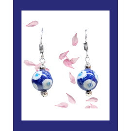 Blue Pottery Earrings with 1 Bead in Dark Blue