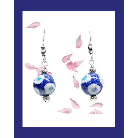 Blue Pottery Earrings with 1 Bead in Dark Blue