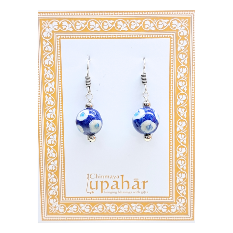 Blue Pottery Earrings with 1 Bead in Dark Blue