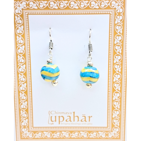 Blue Pottery Earrings with 1 Bead in Turquoise and Yellow