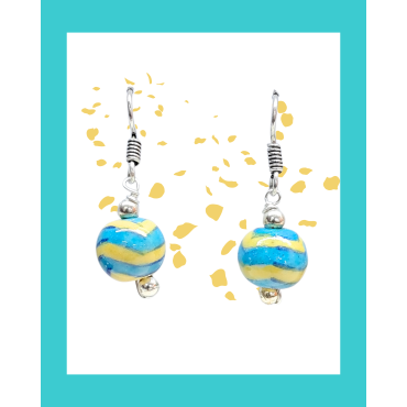 Blue Pottery Earrings with 1 Bead in Turquoise and Yellow