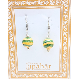 Blue Pottery Earrings with 1 Bead in Green and Yellow