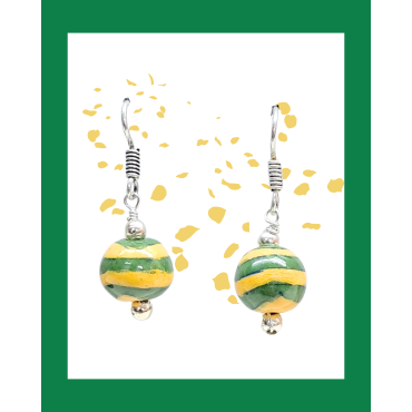 Blue Pottery Earrings with 1 Bead in Green and Yellow