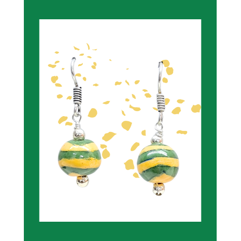 Blue Pottery Earrings with 1 Bead in Green and Yellow