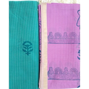 Kurta and Dupatta Set in Maheshwari Silk with Zari Border - Green and Lavender