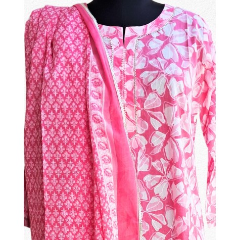 Printed Cotton Kurta-Dupatta Set in Pink