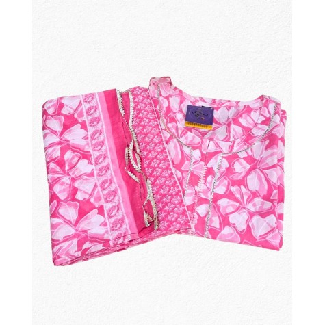 Printed Cotton Kurta-Dupatta Set in Pink