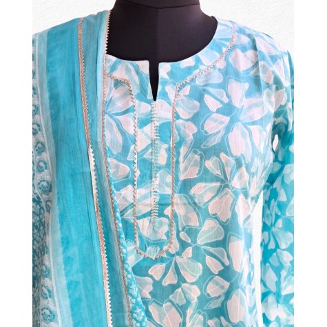 Printed Cotton Kurta-Dupatta Set in Blue