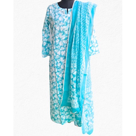 Printed Cotton Kurta-Dupatta Set in Blue