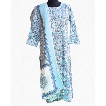 Printed Cotton Kurta-Dupatta Set in Blue & Grey