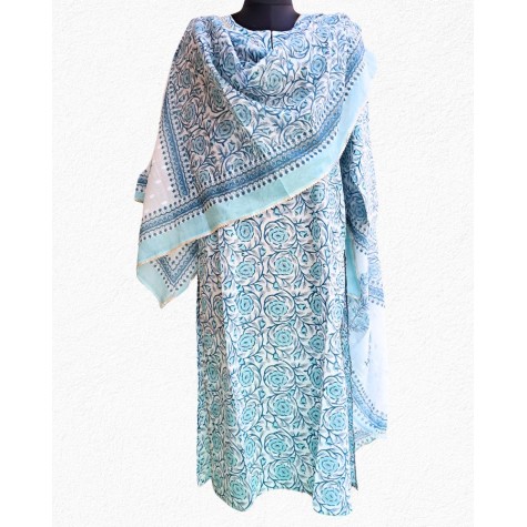 Printed Cotton Kurta-Dupatta Set in Blue & Grey