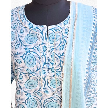 Printed Cotton Kurta-Dupatta Set in Blue & Grey