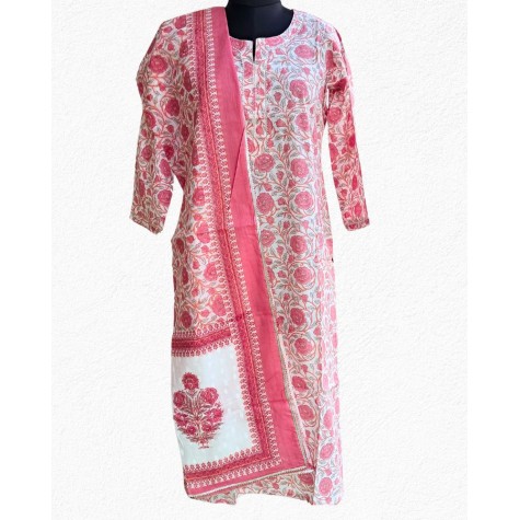 Printed Cotton Kurta-Dupatta Set in Peach & Red