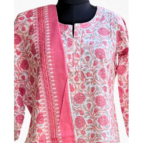 Printed Cotton Kurta-Dupatta Set in Peach & Red