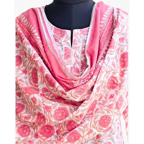 Printed Cotton Kurta-Dupatta Set in Peach & Red