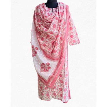 Printed Cotton Kurta-Dupatta Set in Peach & Red