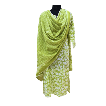 Printed Cotton Kurta-Dupatta Set in Green