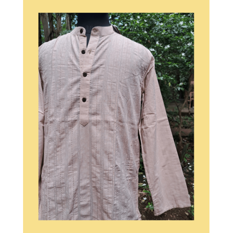 Kurta: Mens, Cotton with Stich Lines - Beige