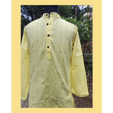 Kurta: Mens, Cotton with Stich Lines - Yellow