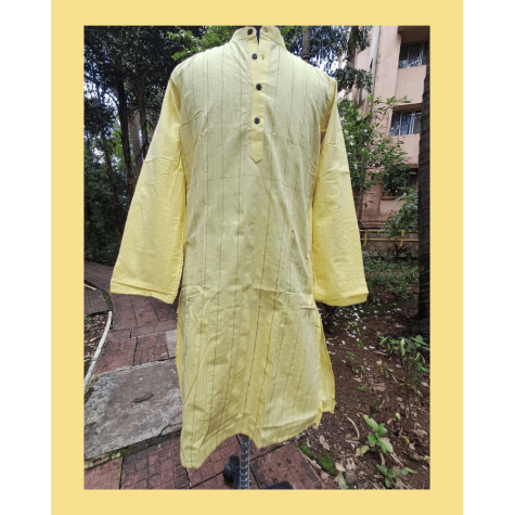 Kurta: Mens, Cotton with Stich Lines - Yellow