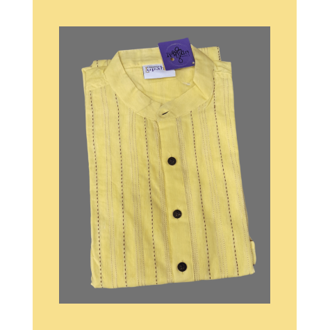 Kurta: Mens, Cotton with Stich Lines - Yellow