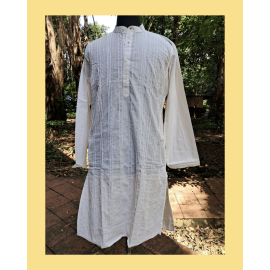 Kurta: Mens, Cotton with Stich Lines - Off White