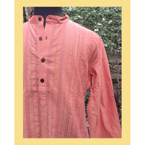 Kurta: Mens, Cotton with Stich Lines - Rust