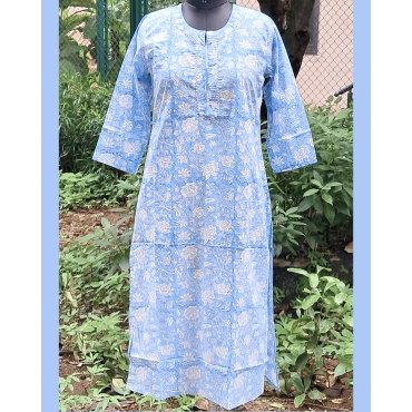 Pure Cotton Hand Block Printed Long Kurta for Women - Light Blue