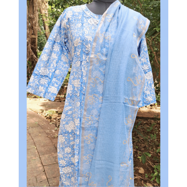 Pure Cotton Hand Block Printed Long Kurta for Women - Light Blue