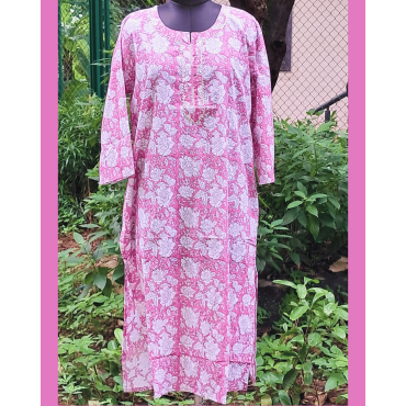 Pure Cotton Hand Block Printed Long Kurta for Women - Pink