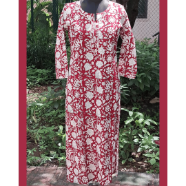 Pure Cotton Hand Block Printed Long Kurta for Women - Deep Red