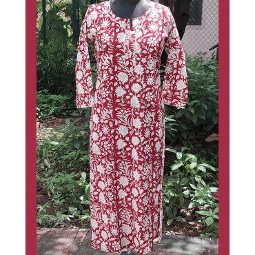 Pure Cotton Hand Block Printed Long Kurta for Women - Deep Red