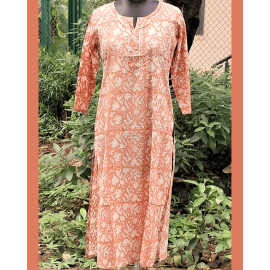 Pure Cotton Hand Block Printed Long Kurta for Women - Light Brown