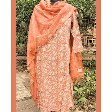 Pure Cotton Hand Block Printed Long Kurta for Women - Light Brown