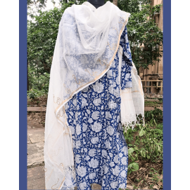 Pure Cotton Hand Block Printed Long Kurta for Women - Dark Blue