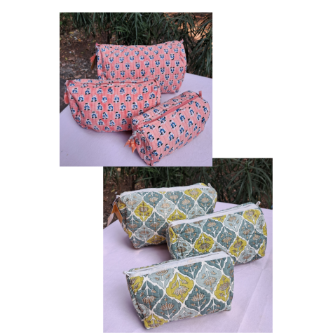 Pouch: Block Print Quilted Wash Bags - Set of 3