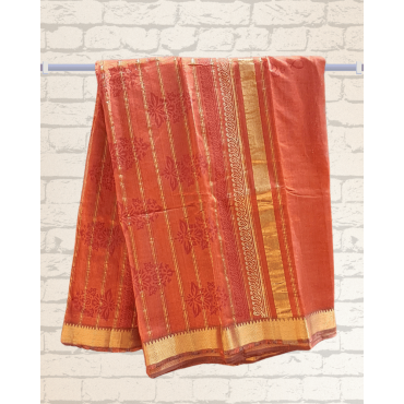 Mangalagiri Silk Cotton Saree with Zari Border- Rust