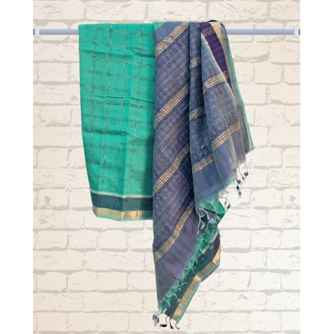 Mangalagiri Silk Cotton Saree with Zari Border- Turquoise