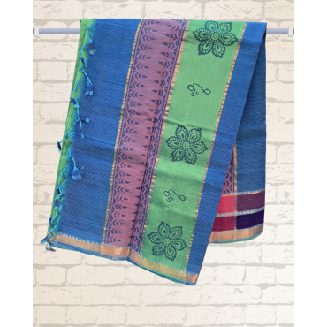 Mangalagiri Silk Cotton Saree with Zari Border- Green