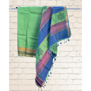 Mangalagiri Silk Cotton Saree with Zari Border- Green