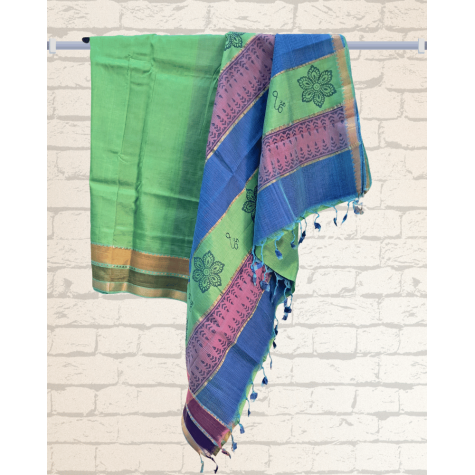 Mangalagiri Silk Cotton Saree with Zari Border- Green