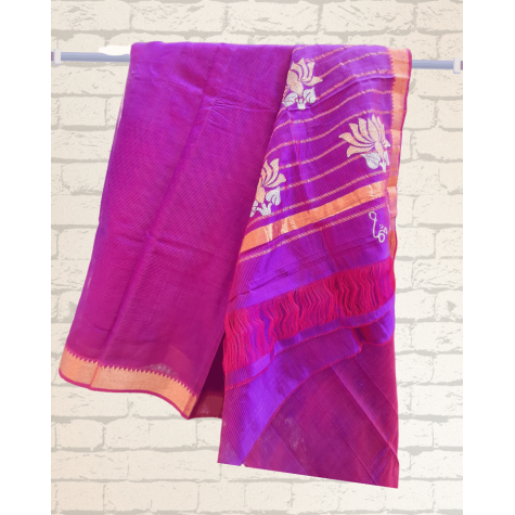 Mangalagiri Silk Cotton Saree with Zari Border- Magenta